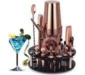 Kit de barman Juego de coctelera de oro rosa de 20 piezas con soporte acrílico giratorio para bebidas mixtas Martini Herramientas de bar en casa Cubiertos y vasos 750mL oro