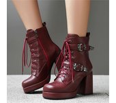 ANNYMOLI Botas cortas hasta el tobillo para mujer, punta redonda, tacón alto, cremallera, plataforma, hebilla, cordones, botas de combate, zapatos de moda para mujer, invierno 34 negro
