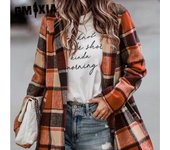 GMXIA Chaquetas y abrigos sueltos con cuello POLO de manga larga de lana con bolsillo para otoño e invierno con estampado a cuadros informal Vintage para mujer S naranja