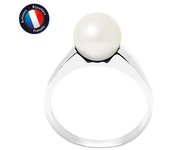 PERLINEA - Anillo Perla Cultivada de Agua Dulce Redonda Auténtica 8-9 mm - Color Blanco Natural - Oro Blanco - Joyas Mujer