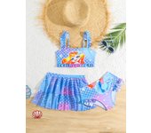 Conjunto de 3 piezas de trajes de baño para niñas, tops, pantalones, faldas, bikinis para bebés, traje de baño para niños, ropa de playa 110 azul