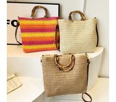 Bolso de mano tejido de paja para mujer, bolso de paja hecho a mano, bolso de mano tejido de gran capacidad con asa de bambú y cordón para viajes al aire libre beige