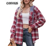 Otoño e Invierno Camisa de Mujer Chaqueta de Franela Chaqueta a Cuadros con Capucha Camisa Casual Top de Manga Larga S rojo