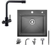 Fregadero de cocina de un seno 50×45CM acero inoxidable antracita negro, grifo purificador de agua 3 en 1