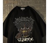 Camiseta de manga corta estilo americano retro hip hop con dibujos animados de píxeles para hombres y mujeres, top holgado de verano para parejas de la calle principal Y2k L negro