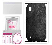 apgo Protective Skin Sticker for the back+sides compatible with Samsung Galaxy A10, Full Wrap Film, Foil, Vinyl - Pattern Black Leather