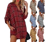 Vestido camisero de manga larga con escote en V para mujer, nuevo vestido midi de moda con estampado de cuadrícula, vestido camisero informal con cuello de solapa, blusas de talla grande XXXL negro