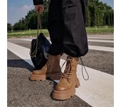 Botas cortas hasta el tobillo de cuero genuino para mujer, plataforma con punta redonda, tacones medios gruesos, botas de combate con cordones y cremallera, zapatos de mujer para invierno 35 marrón