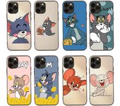 Funda blanda negra T-95 con diseño de gato Tom Jerry para iPhone 16, 15 Plus, 14, 13 Mini, 12, 11 Pro, 8, 6, 6S, SE, 5, XR, XS Max, Realme C30, C33, C32, 9I, VIVO V29, V27, V23 y Y36 Huawei Y9S ébano