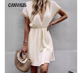 Vestido de verano para mujer, vestidos lisos de manga corta con encaje y cuello en V S albaricoque