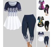 2 unids/set mujeres cuello redondo manga corta dobladillo suelto Tops cintura alta Leggings pantalones de Yoga estampado traje deportivo ropa de calle 3XL rojo rosa