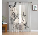 Cortinas de tul con diseño de mariposas y flores en blanco y negro para decoración de sala de estar, gasa transparente, para cocina y dormitorio 1 PCS W100XH250cm&Rod Pocket