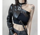 Chaqueta de cuero con manga Unilateral de cuero PU con cuello colgante y hebilla de Metal Irregular para mujer europea y americana S negro