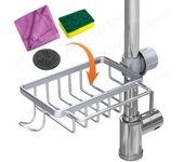 Soporte de esponja para fregadero de cocina, organizador de aluminio para sobregrifo, escurridor de grifo con gancho, compatible con tubería de agua redonda. gris