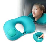 Almohada en forma de U, prensa portátil de viaje, almohada en forma de U para exteriores, cojín para asiento de coche, inflable automático U-shaped pillow azul oscuro