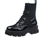 Botas de moda para mujer, botines negros de charol con plataforma, planos, de moto, de punto 40
