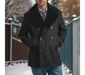 Abrigo de lana para hombre, chaqueta cruzada de manga larga con solapa y bordes de felpa, bolsillos de color liso, abrigo de invierno M negro