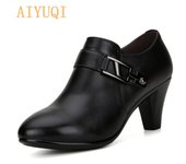 Zapatos de cuero genuino tacones de mujer Oficina señora vestido de negocios moda zapatos de mujer de gran tamaño 35 negro