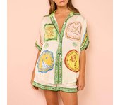Conjunto de camisa informal de satén con estampado de verano para mujer, pantalones cortos con botones y bolsillos S varios colores