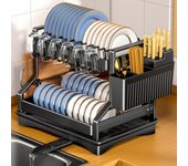 Escurridor de platos de cocina de 2 niveles con cesta de drenaje, estante de almacenamiento para platos, palillos, cuchillos, vasos de agua, organizador de vajilla de encimera blanco