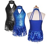 Vestido de baile elegante para niñas, sin mangas, con lentejuelas brillantes, tirantes, espalda hueca, dobladillo con borlas, leotardos para patinaje 5-6 Years azul royal