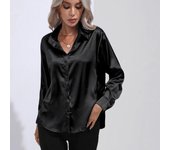 Camisas elegantes de manga larga de satén de seda sintética para mujer, blusas de oficina con solapa y botones, ropa de otoño/invierno para mujer S