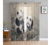 Animal lindo Panda tinta de bambú pintura cortinas transparentes para sala de estar cortina de tul para dormitorio cocina ventana cortinas de gasa 135W x 114H(cm)