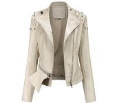 Chaqueta de cuero sintético de moda para mujer con cremallera PU Moto Biker Remache Hombro Volantes Dobladillo Recortado Delgado Abrigo de motocicleta Ropa de abrigo corta informal para otoño Primavera S blanco