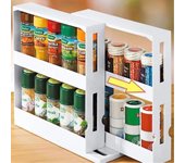 Estante giratorio de 2 capas para almacenamiento de cocina, estante para guardar botellas y tarros de especias, estantes organizadores para guardar botellas de cocina, gabinete deslizante blanco