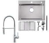Fregadero de cocina de encimera de 60 x 45 cm, escurridor + mezclador de resorte cepillado