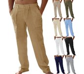 Pantalones de yoga de verano para playa con pierna recta y cordón holgado con parche de lino informal para hombre XL beige