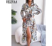 VEZFAA Vestidos casuales de cintura media con cuello tipo polo y manga larga con estampado de flores para primavera y otoño para mujer S blanco