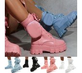 Nuevas botas de mujer con bolsillos y cordones, botines para mujer, botas militares de combate para mujer, botas cortas con cremallera y tacón grueso, zapatos de plataforma para mujer 41 blanco
