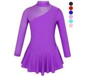 Vestido de baile de Ballet para niñas, manga larga, recortes de empalme en la espalda, patinaje sobre hielo, patinaje sobre ruedas 7-8 Years púrpura