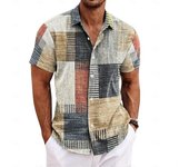 Camisa de hombre, estilo retro, con estampado étnico de cuadrícula, para exteriores, hogar, manga corta, solapa, ropa de verano L
