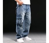 Pantalones cargo rectos de mezclilla para hombre, vaqueros de motociclista, holgados, azules, con bolsillos laterales 46