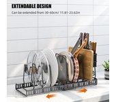 Rejilla extensible para sartenes con soporte para picadora de cocina, compartimentos ajustables, despensa de almacenamiento negro