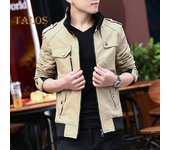 Chaqueta cargo para hombre, cuello alto, manga larga, múltiples bolsillos, color liso, cierre de cremallera, abrigo deportivo fino L caqui