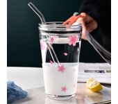 Taza de café de vidrio para viaje con diseño de flor de cerezo, resistente al calor, para exteriores, con tapa antideslizante, transparente, para desayuno con leche