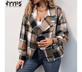 YYFS Chaquetas y abrigos de cuello polo de manga larga con estampado a cuadros para otoño e invierno a la moda para mujer S caqui