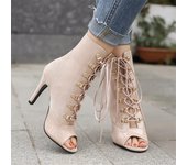 Sandalias de tacón alto para mujer, tacones de aguja con punta abierta, cremalleras con cordones, botas de baile de Jazz cómodas y sexis, zapatos de moda para mujer, verano 46 34 beige