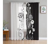 Cortinas de tul con patrón de flores en blanco y negro para sala de estar, decoración de dormitorio, cortina de gasa transparente para ventana 1 PCS W100XH250cm&Rod Pocket