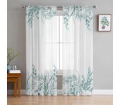 Cortinas transparentes de gasa con hojas de plantas verdes de acuarela para sala de estar, cocina, dormitorio infantil 135W x 114H(cm)