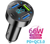 Cargador de coche 4 USB QC 3.0 PD Cargador de teléfono móvil de carga rápida Adaptador de corriente de 66 W para iPhone Huawei Samsung con pantalla digital LCD Medidor de voltaje 4USB
