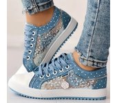 Zapatillas planas de malla para mujer, zapatos casuales con punta redonda y cordones, zapatos planos versátiles 34 azul marino