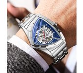 Relojes de estilo punk para hombre, reloj mecánico transparente, reloj de pulsera militar automático triangular con punteros luminosos verde