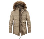 Cazadoras de invierno para hombre con cuello de piel, abrigo grueso y cálido con capucha, abrigo informal de longitud media L negro