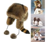 Gorro de invierno para niños y adultos con forma de mapache, de piel sintética, aislante térmico, resistente al viento, unisex, con decoración de bolas de pelo, gorro a juego para padres e hijos, para exteriores Kid