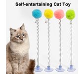 Juguete para gatos con resorte y bola de peluche con ventosa en la parte inferior, palo para gatos con cabeza de campana, entretenimiento para gatos de interior verde claro