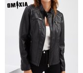 GMXIA Chaqueta de cuero con estampado de color sólido para mujer, chaqueta de cuello alto, abrigo ajustado, chaquetas y abrigos de manga larga para primavera y otoño para mujer S negro
